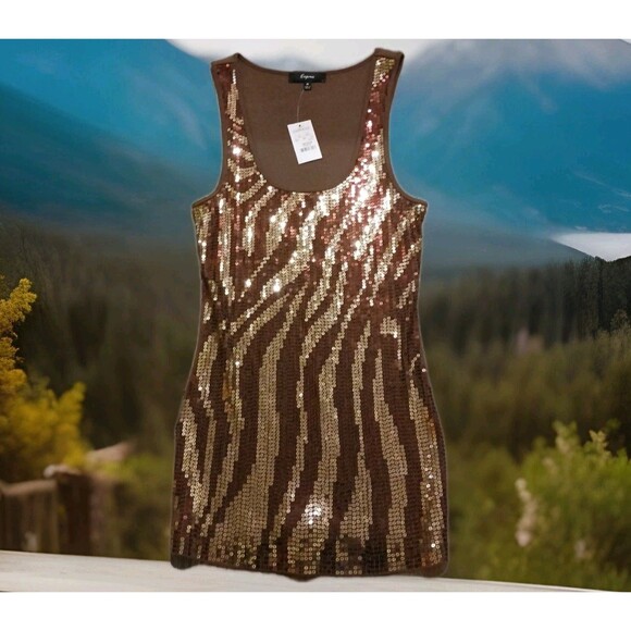 Express Sequin Scoop Neck Tank  Top Women Brown Size Medium New With Tags - Picture 1 of 4